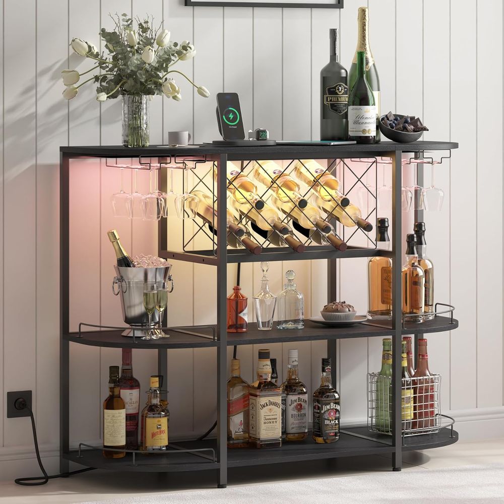 Coffee & Tea Ken'S House - Schwarzer 3-stufiger Couchtisch mit Weinregal, Steckdose
