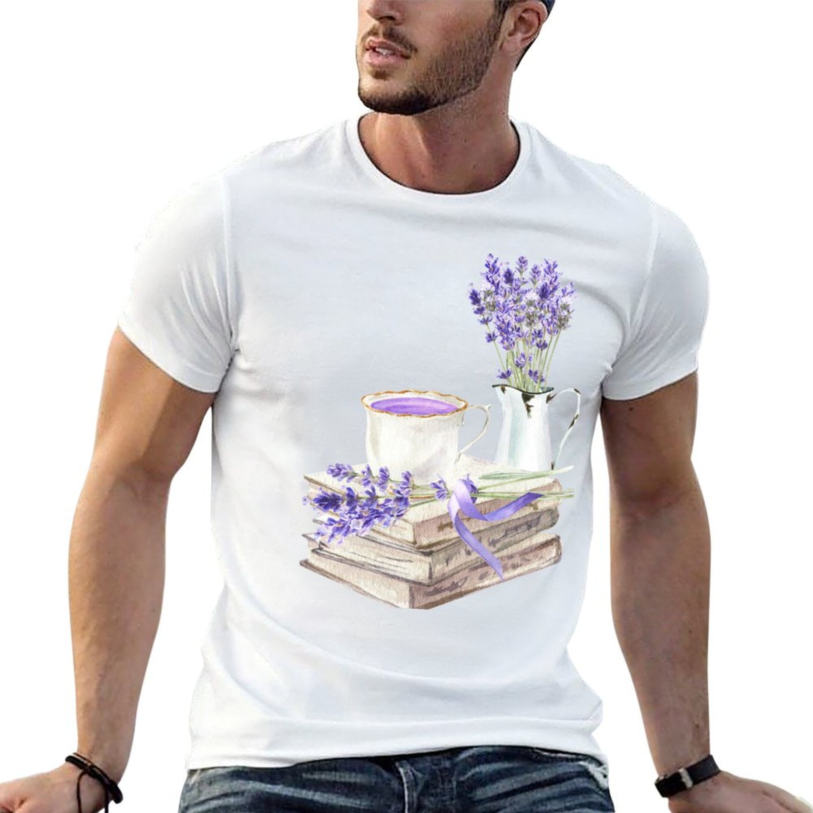 Coffee Tea Knits - T-Shirt mit Aufdruck „Buch und Lavendel