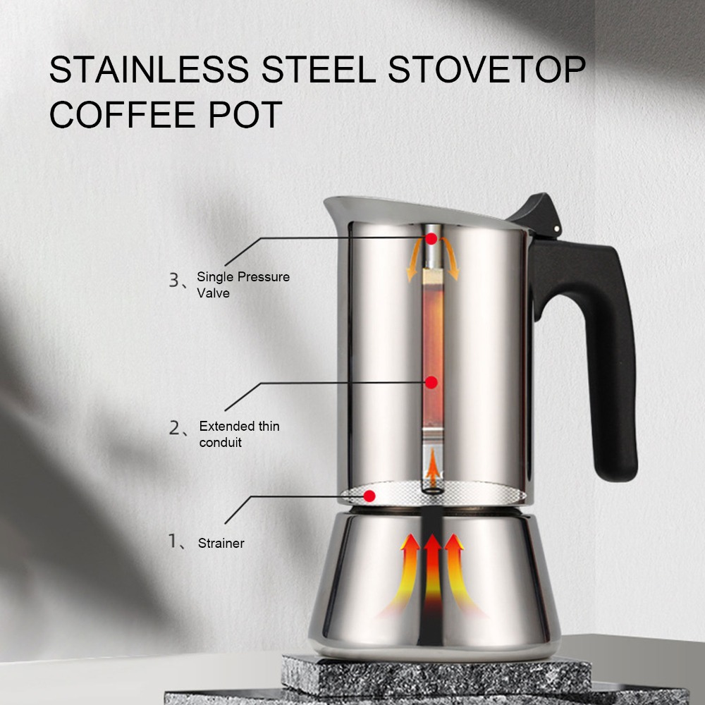 Moka Pot Stove - Edelstahl Moka-Kanne Große Kapazität Silberne Herdplatten-Kaffeekanne