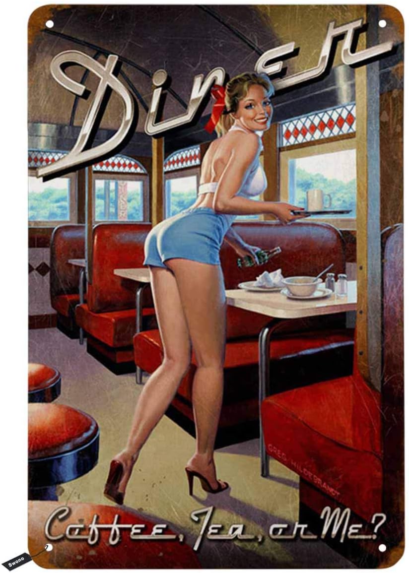 Coffee Tea Me - Swono Dinner-Blechschilder, Pin-up-Girl Lächeln auf dem
